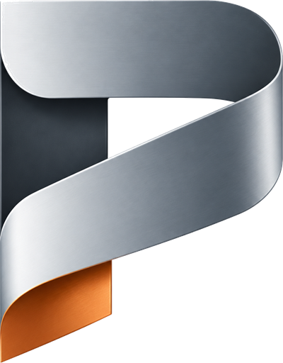 The Pewter mark: a capital P folded from a ribbon of brushed pewter with a copper tip